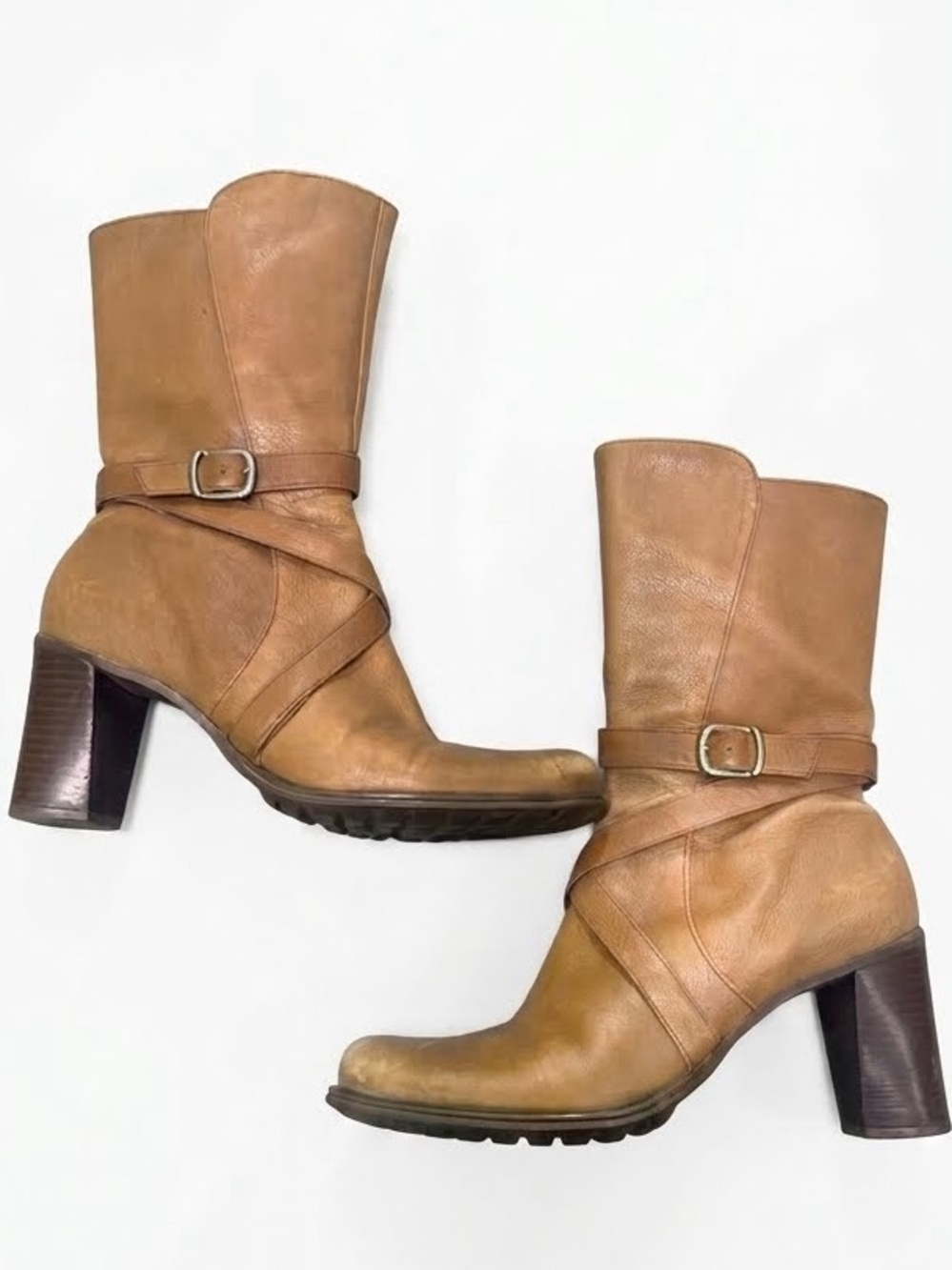 Vtg Kenneth Cole Reaction Leather Harness Boots Size 9 Tan Chunky Heel Y2K 90s